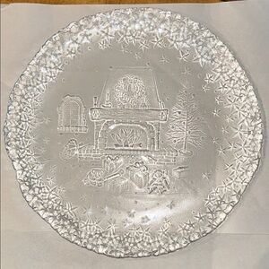 Vintage glass serving platter embossed fireplace presents snowflakes